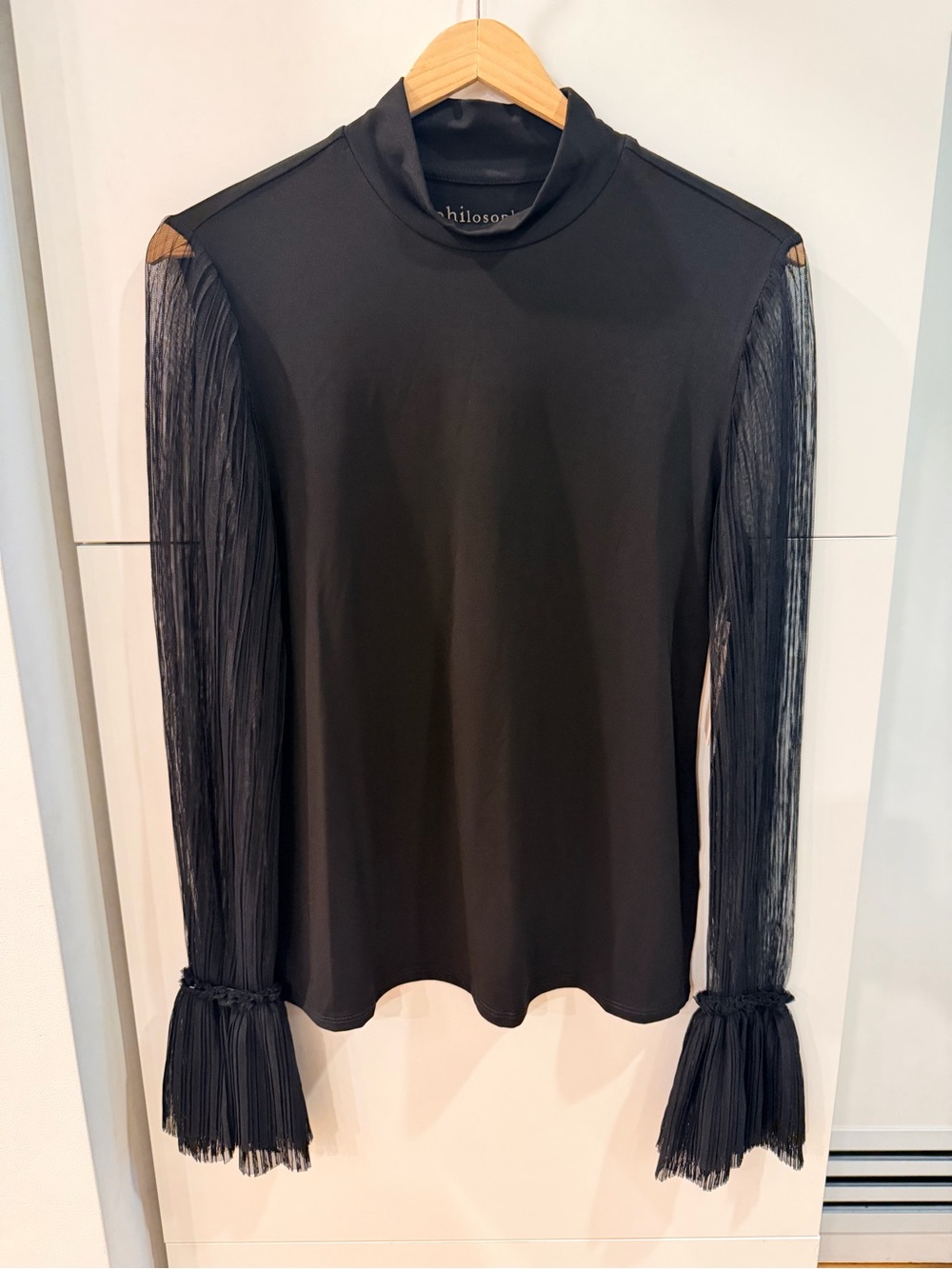 Philosophy Black Sheer Pleated Sleeve Ruffle Cuff Top Size M NWT